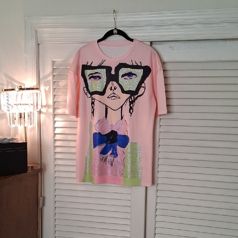 No Brand Pink Sequin Graphic Tee with Bow Detail
